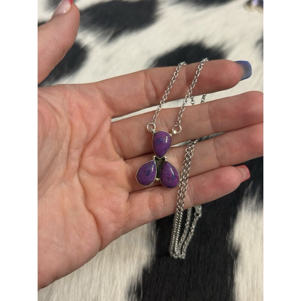 Native American Southwest Sterling Silver 3 Stone Purple Mojave Bar Necklace